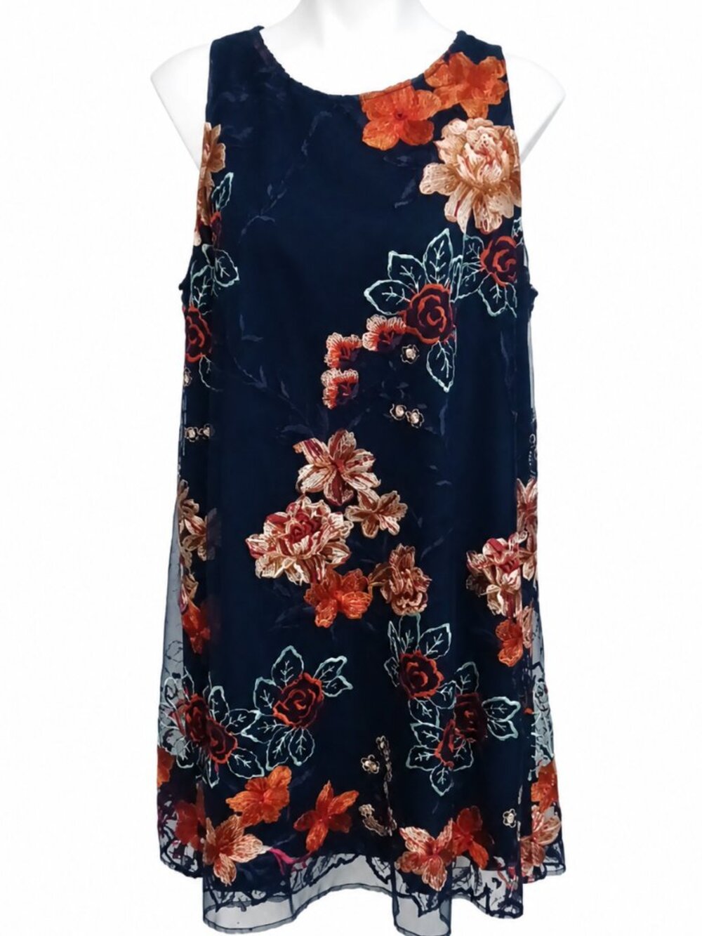 XL blue floral dress. BEIGE BY ECI sleeveless dress, lace embroidery. Ballroom